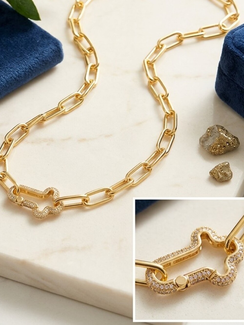 Gold Link Pave Setting Paperlink Chain Necklace with Pave Accent